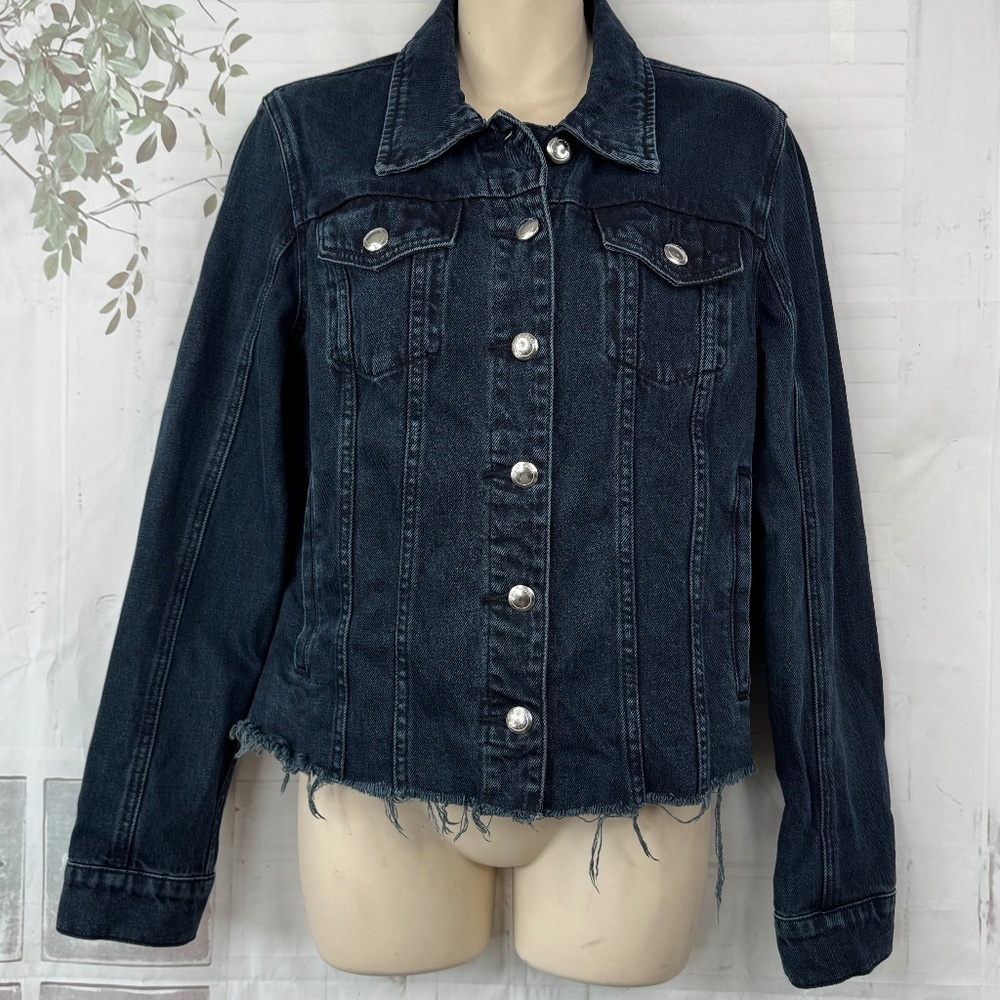 Silent New York Womens Dark Blue Denim Fray Trucker Jean Jacket Medium M